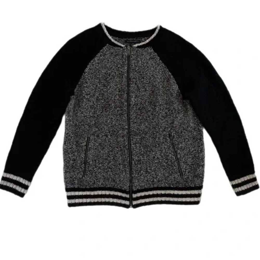 American Eagle Black Gray Zip Bomber Sweater Jacket Striped Sleeves Size M Cozy